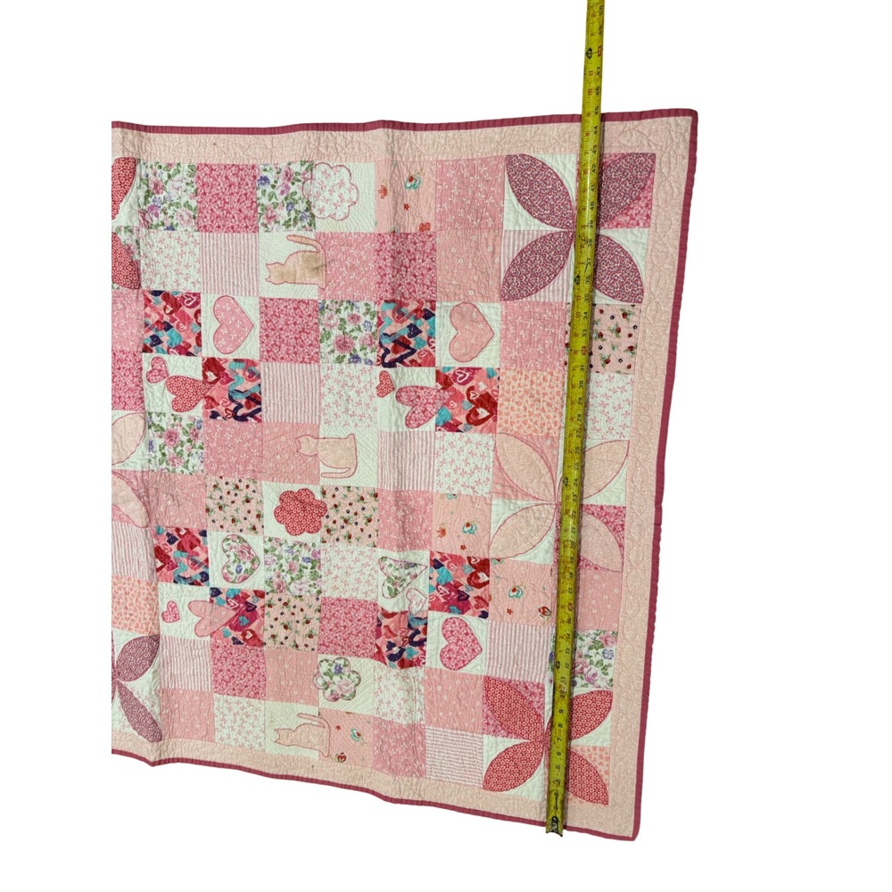 Handmade Pink Patchwork Quilt Cat Heart Floral Applique Nursery Blanket 44x44 - Picture 8 of 14